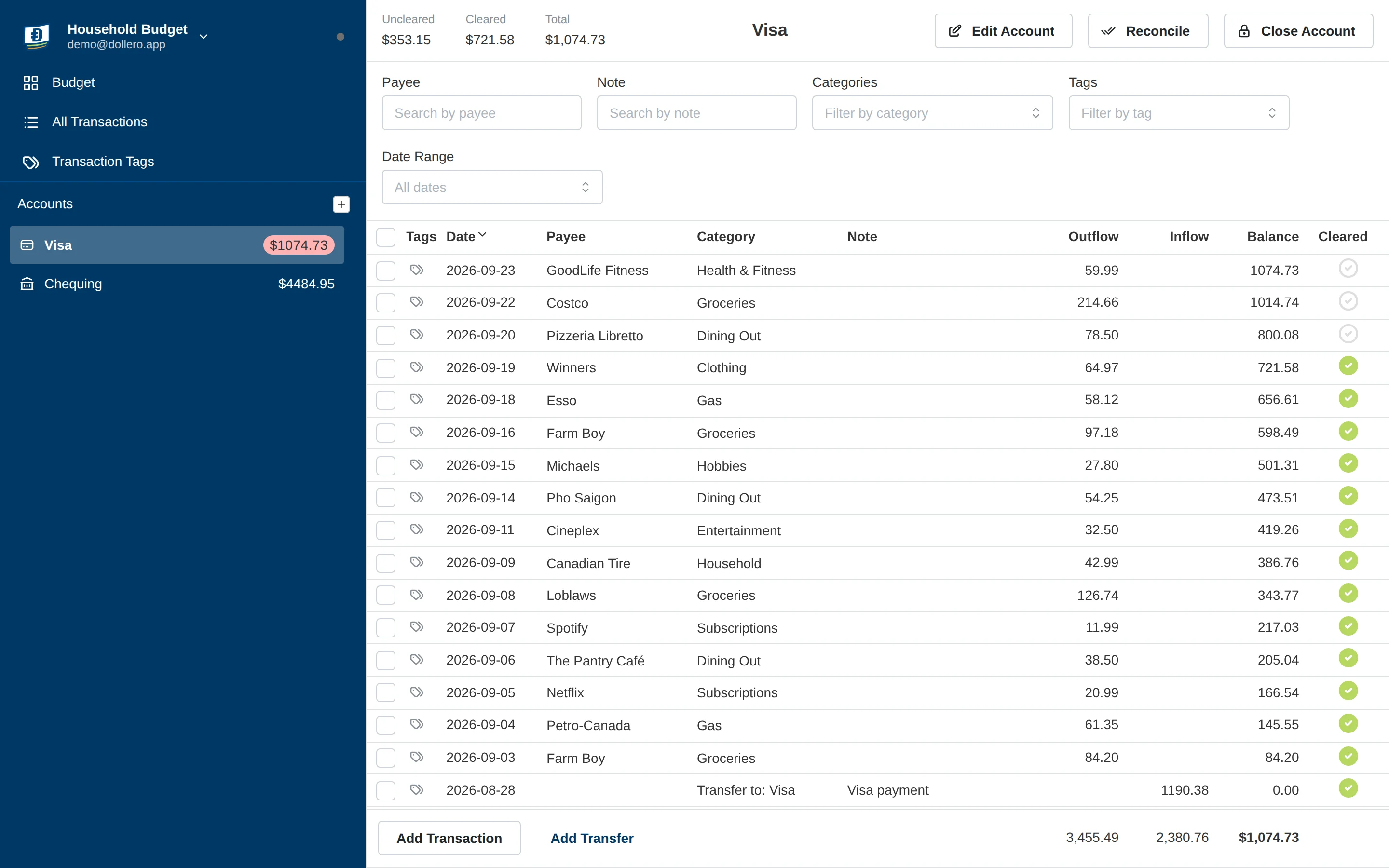 The Visa account register on desktop, listing recent purchases with payee, category, amount, running balance and cleared status
