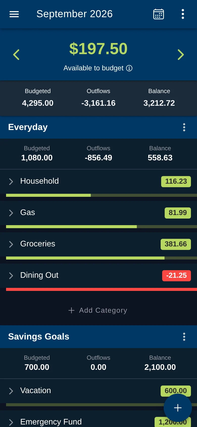 Dollero's budget screen on a phone, showing $197.50 available to budget for September, in dark mode