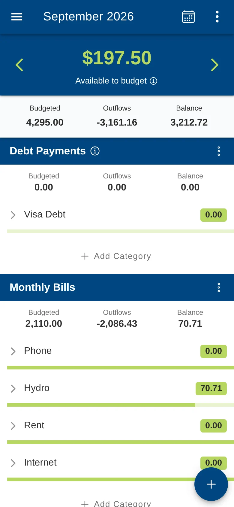 Dollero's budget screen on a phone, showing $197.50 available to budget for September